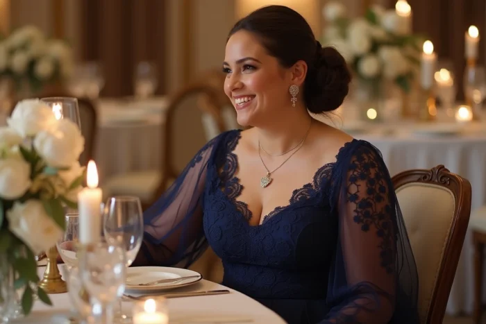 Femme ronde élégante en robe trapèze bleue dentelle assise à une table de réception de mariage raffinée