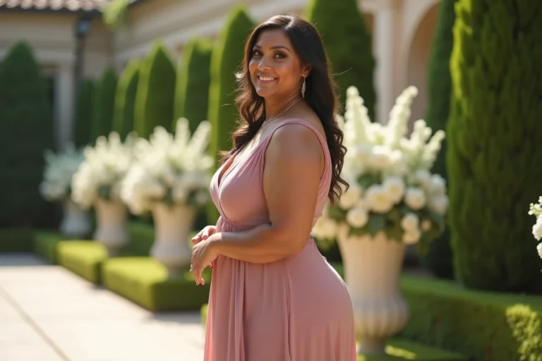 Femme grande taille portant une robe trapèze chic en mousseline rose poudré lors d'un mariage en plein air
