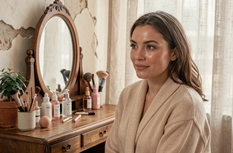 Femme aux soins naturels appliquant sa routine beauté devant une coiffeuse vintage dans un appartement parisien chaleureux
