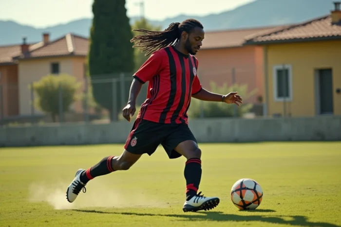 Footballeur aux dreadlocks en action avec le maillot rouge et noir de l'AC Milan lors d'un entraînement, dans le style emblématique du football européen des années 1980