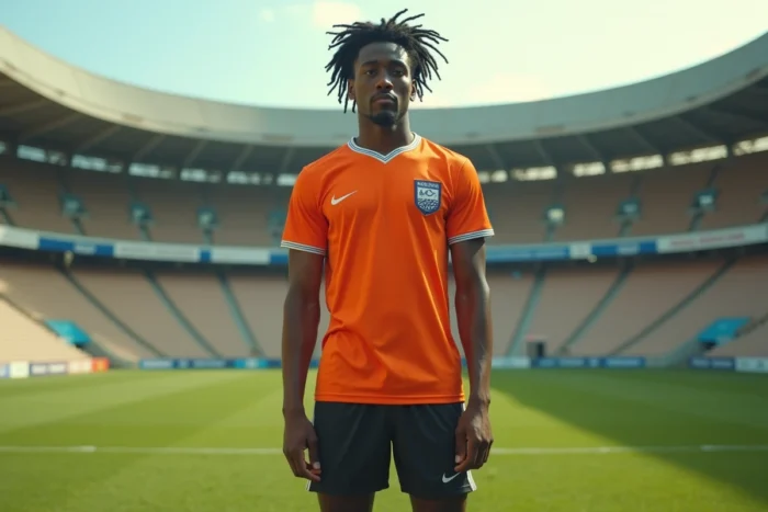 Joueur de football aux dreadlocks portant le maillot orange des Pays-Bas sur un terrain de football, évoquant le style légendaire de Ruud Gullit