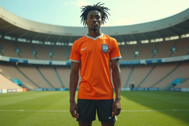 Joueur de football aux dreadlocks portant le maillot orange des Pays-Bas sur un terrain de football, évoquant le style légendaire de Ruud Gullit