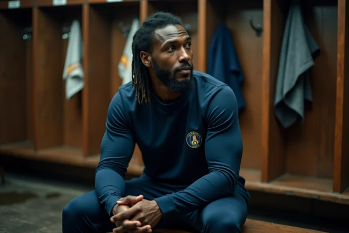 Portrait intimiste d'un grand footballeur aux dreadlocks assis dans un vestiaire européen, regard pensif après un match, évoquant le charisme et la légende de Ruud Gullit