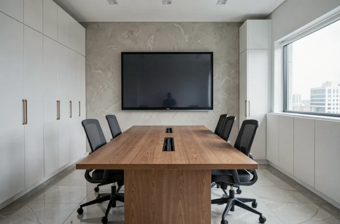 Salle de réunion corporative aménagée sur mesure avec armoires laquées blanches, table en frêne massif et gestion intégrée des câbles