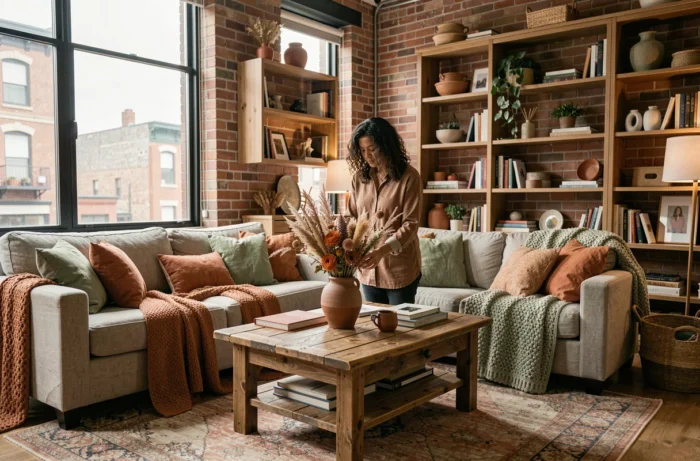Femme aménageant un salon moderne et chaleureux avec des éléments naturels et des textiles en tons terre