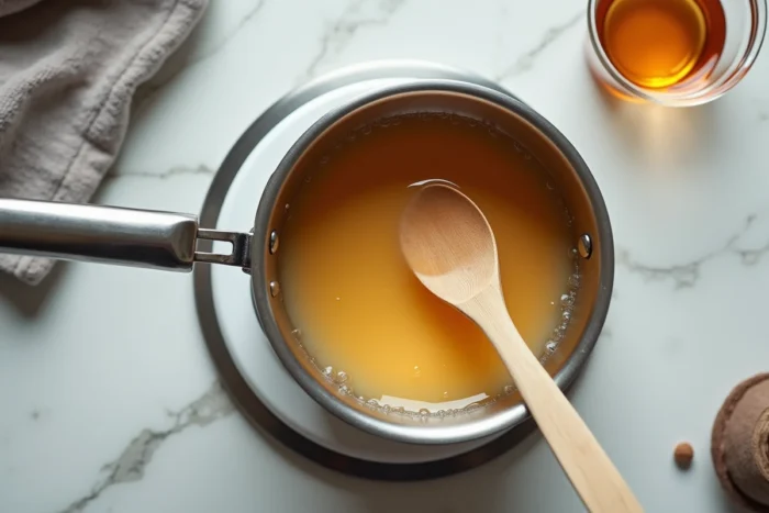 Savon fondu dans une casserole en inox sur une cuisinière, texture translucide et dorée du savon liquide chaud prêt à être remoulé