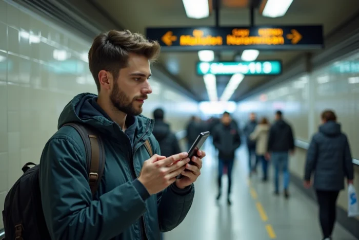 Jeune voyageur utilisant l'application SayHi pour une traduction vocale en temps réel sur son smartphone devant une entrée de métro dans une ville étrangère