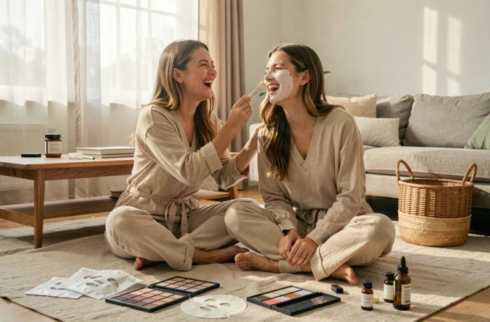 Deux amies partageant une séance de soins beauté à domicile avec masques et produits cosmétiques sur un tapis en lin