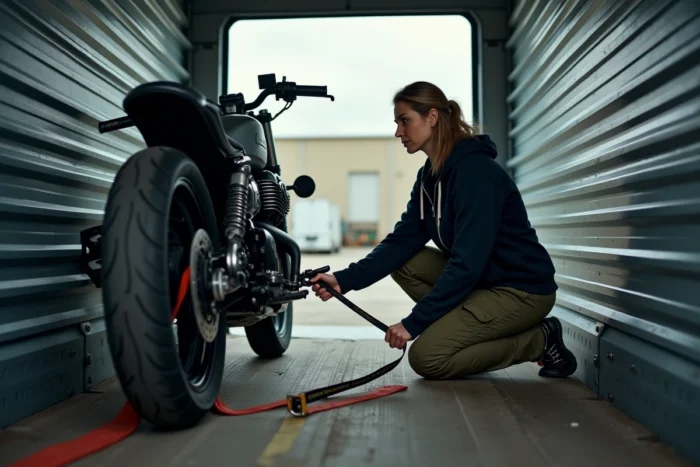 Femme fixant une moto avec des sangles à rochet à l'intérieur d'un fourgon de location