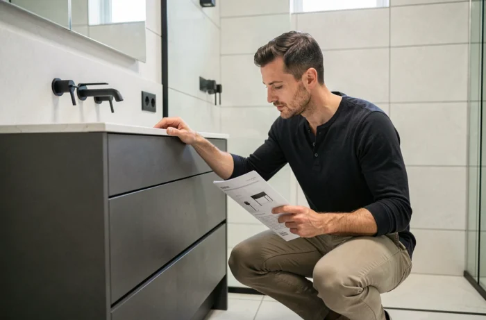 Homme inspectant la robinetterie et les meubles de salle de bain lors du choix de ses équipements