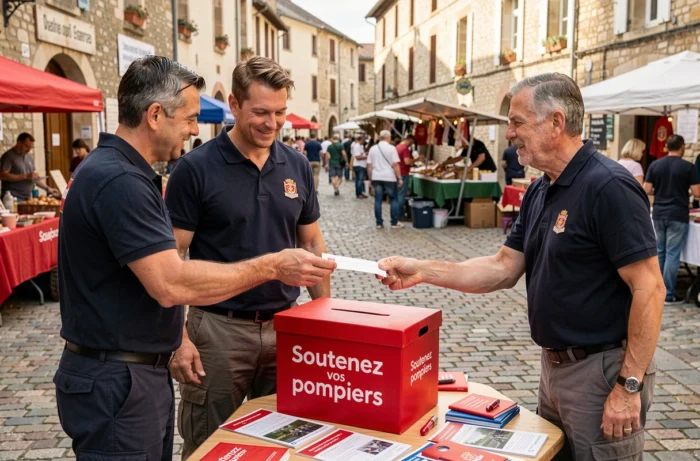 Pompiers tenant un stand de collecte de dons lors d'un marché de village en France
