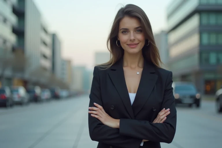 Jeune chanteuse albanaise en tenue élégante devant un paysage urbain européen moderne