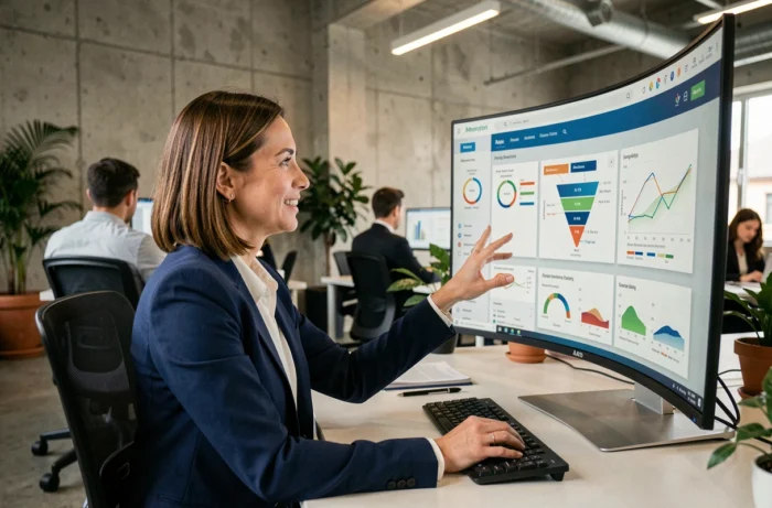 Femme professionnelle utilisant des outils numériques d'analyse marketing sur un grand écran dans un bureau moderne
