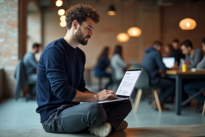 Spécialiste SEO travaillant sur une stratégie de référencement longue traîne dans un espace de coworking