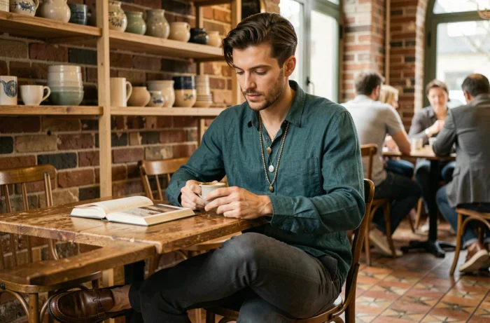 Homme dans la trentaine exprimant son style unique avec des bijoux artisanaux superposés et une chemise en lin teal dans un café vintage aux murs en briques apparentes