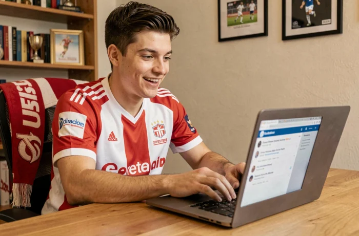 Jeune supporter du Stade Brestois consultant le forum du club sur son ordinateur portable dans un bureau à domicile