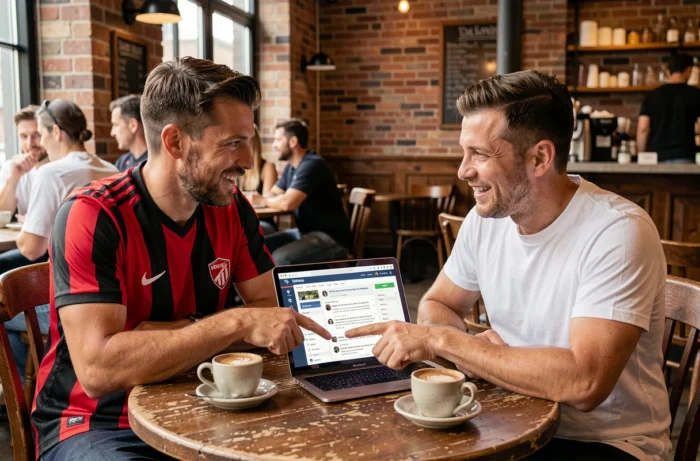 Deux supporters discutant du forum ASM Cybervulcans sur un ordinateur portable dans un café