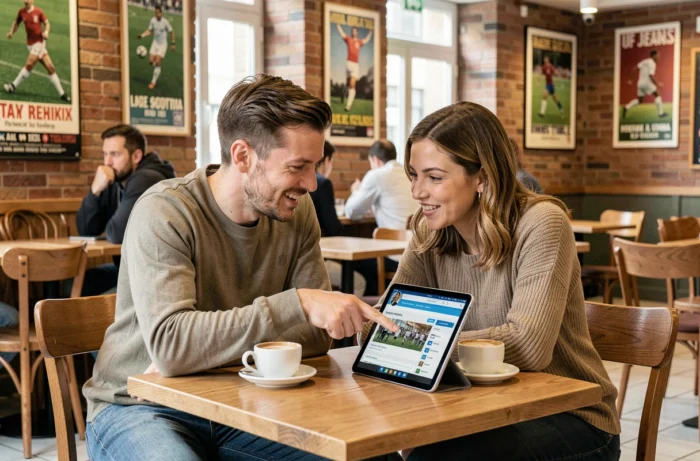 Deux supporters du Stade Brestois discutant du forum officiel du club sur une tablette dans un café français