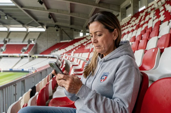 Supportrice du Stade Brestois consultant le forum du club sur son téléphone dans les tribunes du stade vide