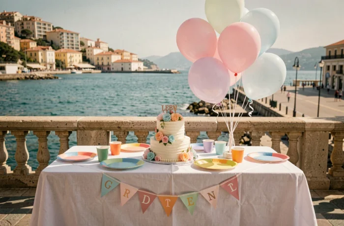 Table d'anniversaire décorée en bord de mer sur la Promenade des Anglais à Nice