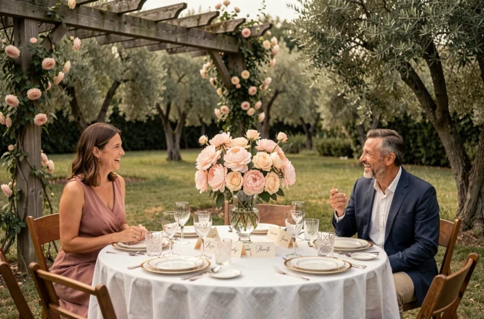 Table de réception de mariage en plein air décorée de pivoines roses et de vaisselle dorée sous une pergola en bois couverte de roses grimpantes dans un jardin verdoyant
