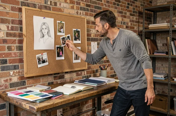 Homme créant un tableau d'inspiration avec des photos polaroid et croquis sur un mur en brique dans un bureau créatif à domicile
