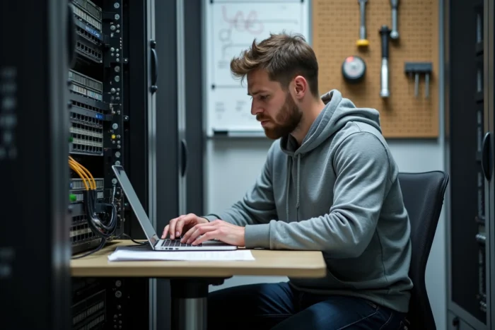 Technicien informatique configurant l'intégration de Grovop et Artemis dans une salle serveur de SDIS