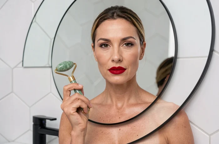 Femme mature avec rouge à lèvres bold utilisant un rouleau en jade dans une salle de bain minimaliste moderne