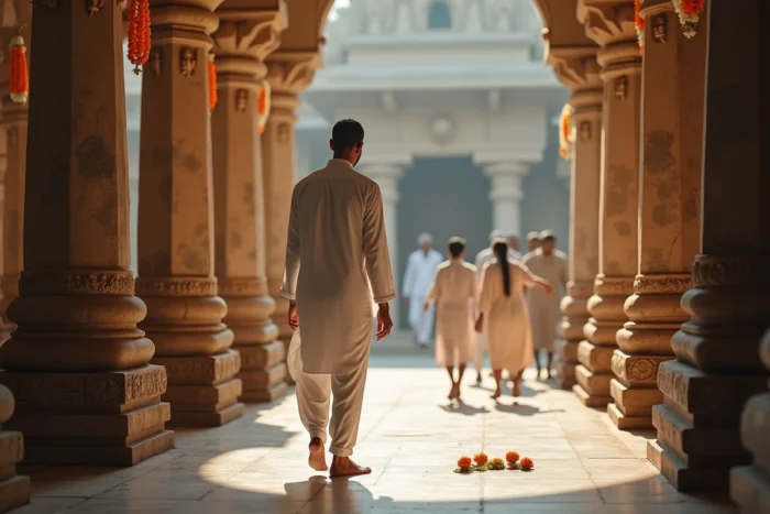 Un touriste masculin en kurta blanc retire ses chaussures respectueusement à l'entrée d'un temple hindou à Varanasi, illustrant les codes vestimentaires appropriés en Inde