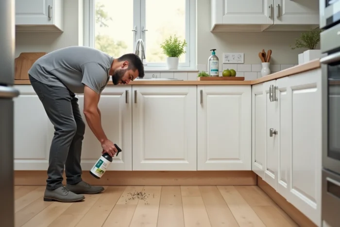 Homme traitant une infestation de petits insectes noirs sauteurs au pied des meubles de cuisine avec un spray naturel