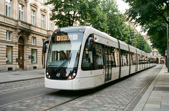 Tramway moderne circulant en ville avec panneau de destination commençant par D