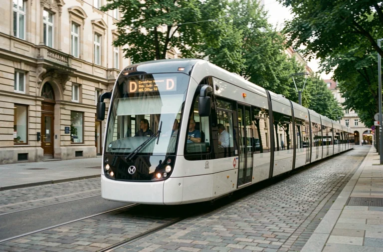Tramway moderne circulant en ville avec panneau de destination commençant par D