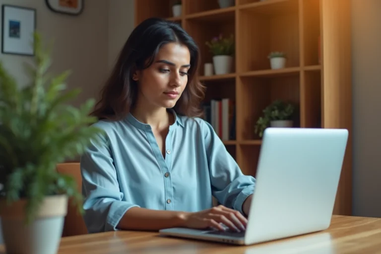 Femme utilisant une application de transfert d'argent international sur ordinateur portable à son bureau
