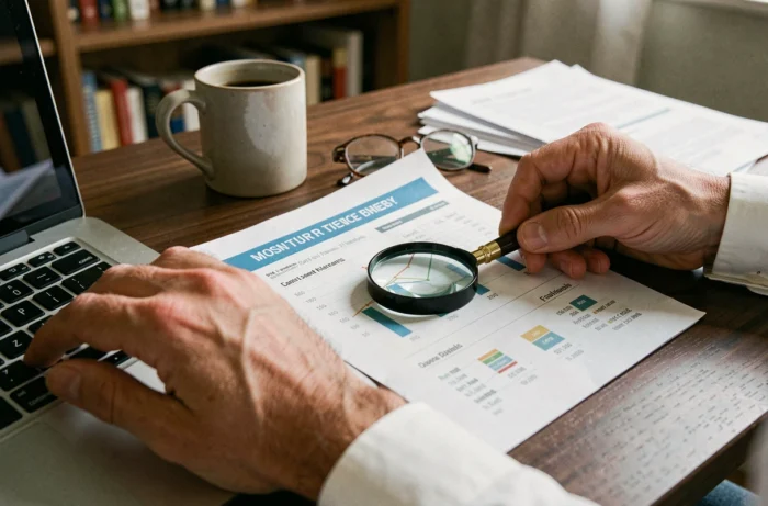 Gros plan de mains vérifiant des documents financiers et une plateforme d'investissement sur ordinateur portable