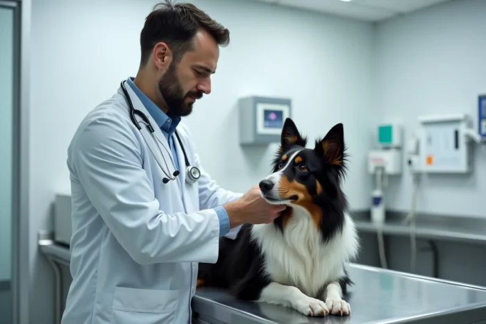 Vétérinaire examinant un border collie en clinique vétérinaire, conseils santé et soins pour chien