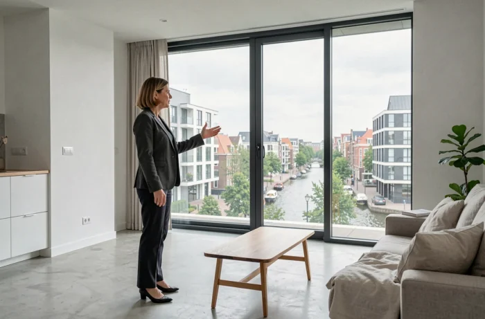Agent immobilière présentant un appartement moderne avec vue sur canal à une cliente en Belgique