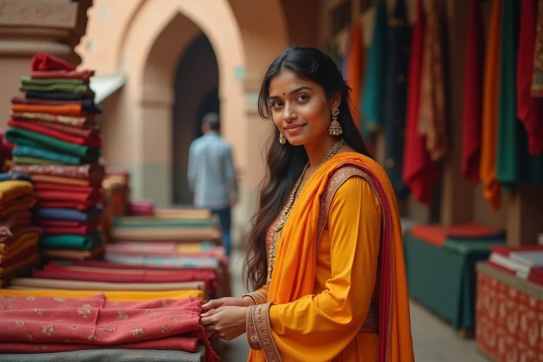 Une voyageuse occidentale portant un salwar kameez safran explore un marché de tissus colorés au Rajasthan, entourée de bolts de tissus traditionnels indiens