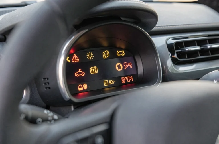 Gros plan sur le tableau de bord d'une Citroën C3 avec plusieurs voyants lumineux allumés en orange et rouge