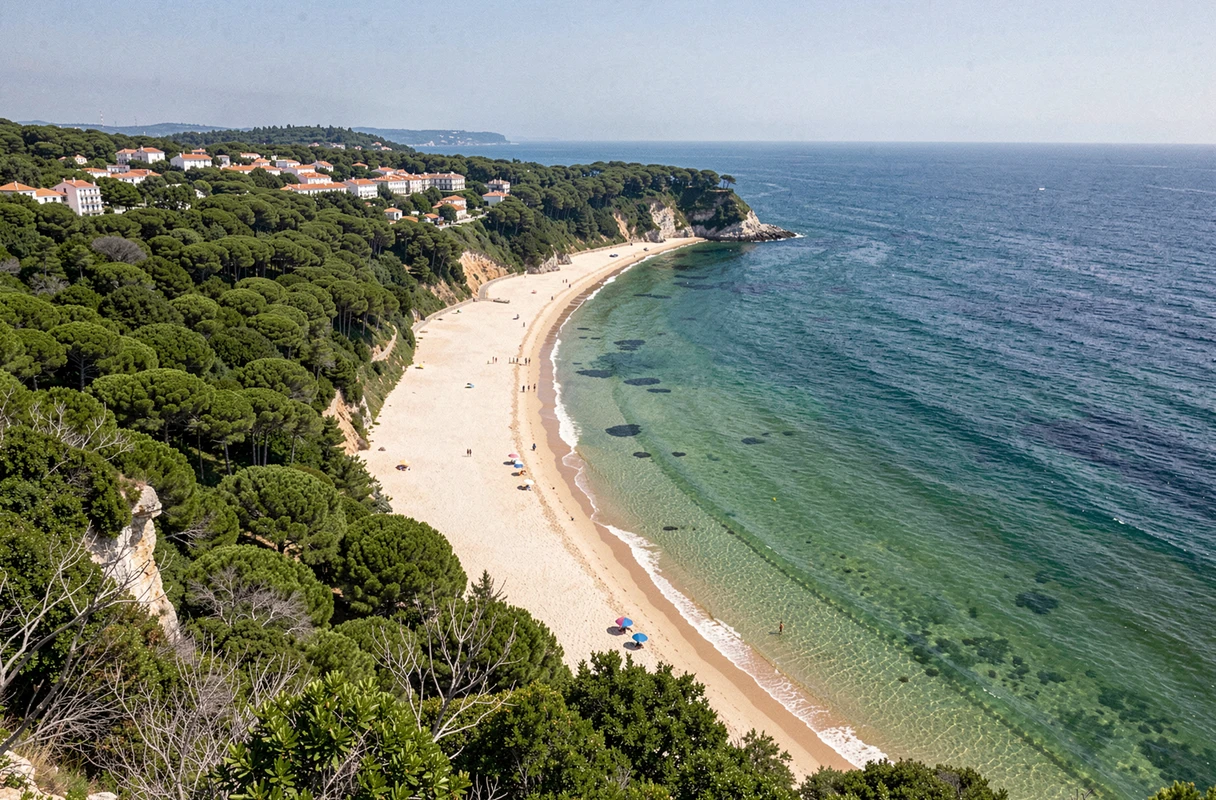 Vue panoramique d'une baie pittoresque d'Almada au Portugal avec forêt et village côtier